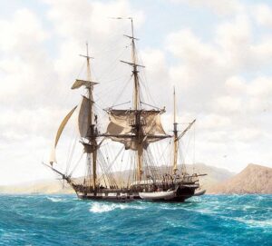 Il brigantino HMS-Beagle al largo delle Galapagos