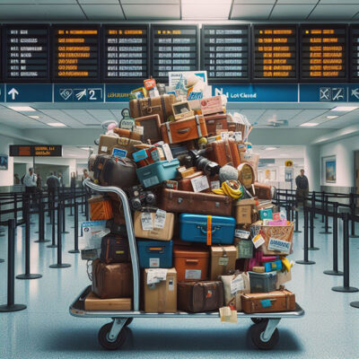 oggetti e bagagli su un carrello in aeroporto